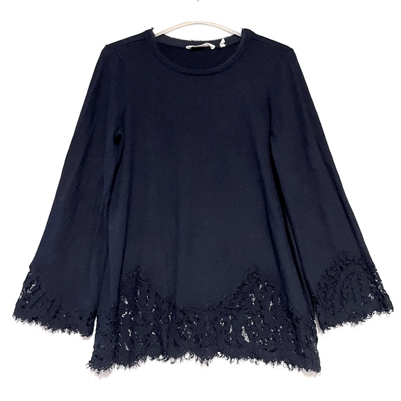 Soft Surroundings Isabeau Sweater Wool Cashmere Navy Blue Lace Bell Sleeve SZ M - Picture 1 of 10